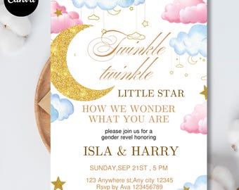 Editable Twinkle Twinkle Little Star Gender Reveal Invitation, Pink Blue Moon Star Template, He or She Baby Shower Canva Digital Card