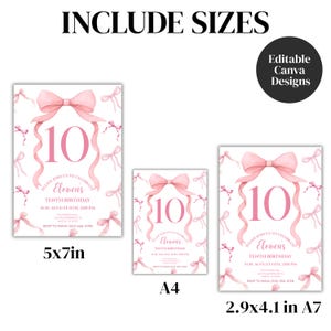 Puede incluir: Invitaciones de cumplea&ntilde;os rosas con un lazo y el n&uacute;mero 10. Disponibles en tama&ntilde;os 5x7in, A4 y 2.9x4.1in A7. El texto dice: "Por favor, &uacute;nete a nosotros para celebrar el d&eacute;cimo cumplea&ntilde;os de Elevens".