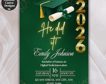 Green Gold Graduation Party Invitation, He Did It Class of 2026 Digital Announcement, Editable Canva Grad Template for College Celebration