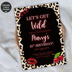 Invitación de cumpleaños con estampado de leopardo y guepardo, tema de cerezas rojas y negras editable, invitación para fiesta "Let's Get Wild", plantilla de Canva, descarga digital.