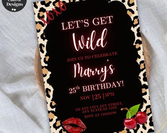Cheetah Leopard Print Birthday Invitation, Editable Red and Black Cherry Theme, Let's Get Wild Party Invite, Canva Template,Digital Download