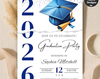 Plantilla de invitación para fiesta de graduación, anuncio de graduación de la generación 2026 en azul y blanco, plantilla editable para graduados, descarga digital