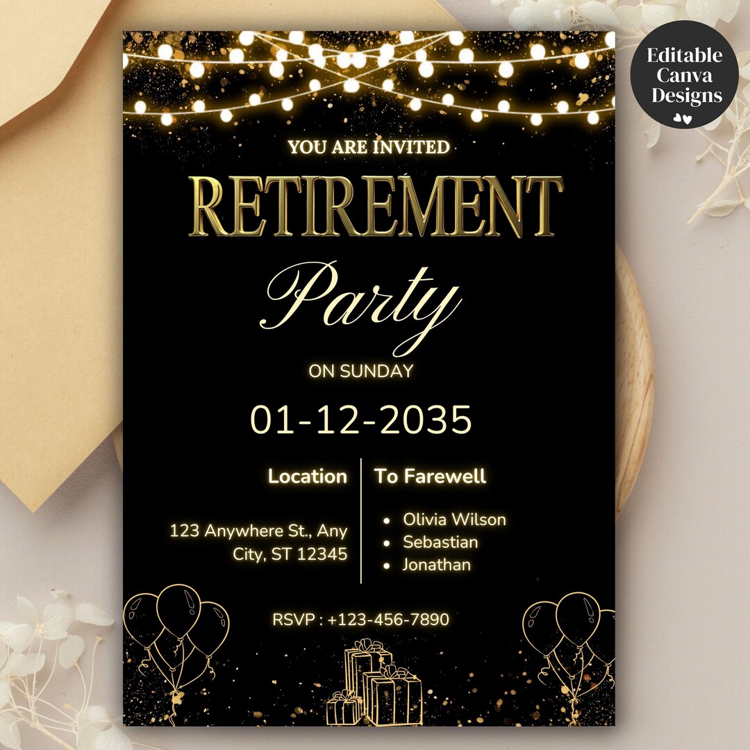 Retirement Celebration Party Invitation, Text Editable Black Canva ...