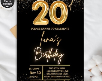 20th Birthday Invitation Template, Editable Adult Party Invitation, Elegant Printable Card, Elegant Black & Golden Invite, PDf Download