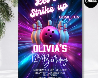 Editable Bowling Birthday Invitation, Let’s Strike Up Some Fun, Pink Bowling Party Invite for Girls, Digital Canva Template