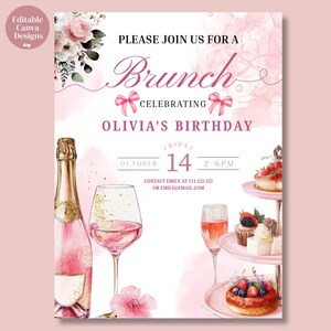 May include: Pink invitation for a brunch celebrating Olivia's birthday. Features a champagne bottle, wine glasses, and a tiered dessert stand. The text reads "Please join us for a Brunch Celebrating Olivia's Birthday" with date and time.