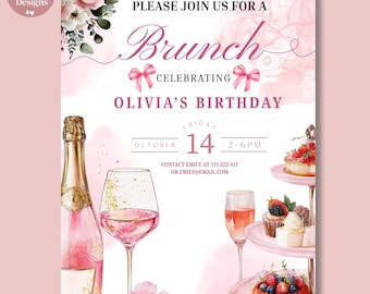 Zaproszenie na brunch do druku, zaproszenie na urodzinowy brunch w stylu boho, edytowalny szablon Canva, zaproszenie na urodzinowe przyjęcie dla dziewczynek z kwiatowym wzorem, plik PDF do pobrania