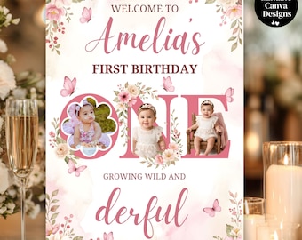 Wildflower 1e verjaardag welkomstbord, afdrukbare vlinder eerste verjaardag fotobord, bloemen thema uitnodigen, Instant Download, Canva Design