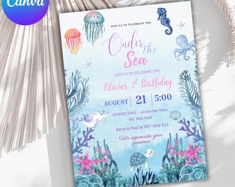 Invitación de cumpleaños con temática oceánica. Plantilla imprimible de animales marinos en acuarela para niñas, diseño bajo el mar editable, invitación de cumpleaños infantil, descarga en PDF.