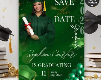 Digital Green Graduation Announcement,Editable Template with Photo for 2026 Senior Graduate Party, College Graduation Day Evite,PDF Download