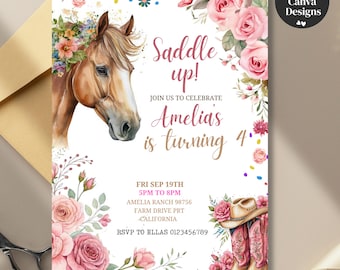 Editable Cowgirl Birthday Invitation, Pink Floral Horse Party Template, Western Girl Invite,  Birthday Card, Canva Editable