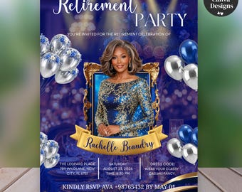 Surprise Retirement Party Invitation with Photo, Blue and Gold Retirement Dinner Invite, Retired Woman Farewell, Printable Template