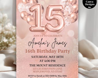 Digital 15th Birthday Invitation, Pink Balloons Elegant Birthday Announcement, Editable Birthday Dinner Canva Template, PDF Download