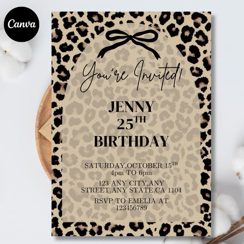 May include: A birthday invitation with a leopard print design. The invitation reads "You're Invited!" and includes the name "Jenny", the age "25th", and the date, time, and location of the party. The RSVP information is also included.