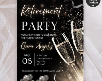 Printable Retirement Celebration Invitation, Editable Champagne Invite Canva Template for Him or Her, Retirement Dinner Party, PDF Download