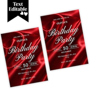 Op de afbeelding: Twee rode verjaardagsfeestuitnodigingen met witte tekst. De uitnodigingen hebben een satijnachtige textuur en bevatten de tekst "U bent uitgenodigd voor Olivia's verjaardagsfeest" met de datum, tijd en RSVP-informatie.