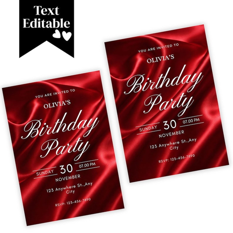 Op de afbeelding: Twee rode verjaardagsfeestuitnodigingen met witte tekst. De uitnodigingen hebben een satijnachtige textuur en bevatten de tekst "U bent uitgenodigd voor Olivia's verjaardagsfeest" met de datum, tijd en RSVP-informatie.
