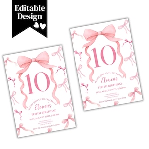 Puede incluir: Dos invitaciones de cumplea&ntilde;os con un lazo rosa y el n&uacute;mero 10. Las invitaciones tienen cintas rosas y el texto "Please join us to celebrate Elowen's Tenth Birthday". Las invitaciones son para una fiesta el 11 de agosto.