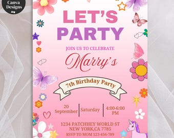 Editable Patch Letter Birthday Invitation for Girls, Preppy Party Template, Canva Editable Invite, Cute College Style Card