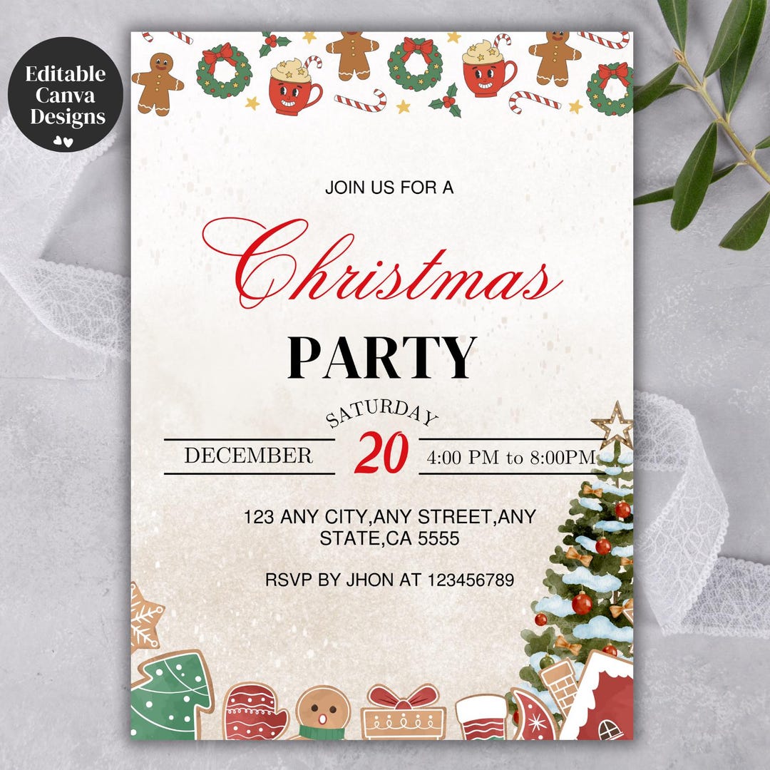 Charming Christmas Party Invite, Festive Tree Design, Customizable ...