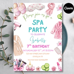 May include: Spa party invitation with illustrations of spa-related items like a robe, slippers, and eye mask. The invitation text reads "Please join us for a Spa Party to celebrate Isabells 7th Birthday". Includes date, time, and RSVP information.