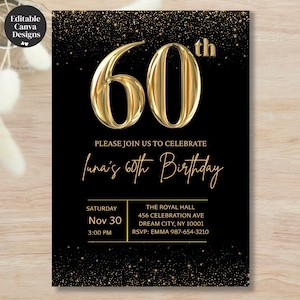 Inbjudan till 60-årsfest, glittersvart gyllene Evite för män och kvinnor, elegant utskrivbart kort, redigerbar Canva-mall, PDF-nedladdning
