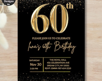 60th Birthday Party Invitation, Glitter Black Golden Evite For Men & Women, Elegant Printable Card, Canva Editable Template, PDf Download