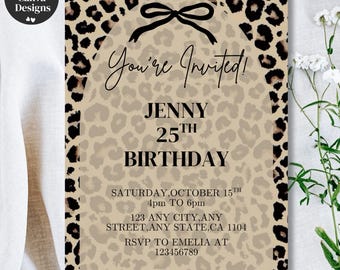 Invitación de cumpleaños con estampado de guepardo, invitación imprimible para fiesta de coqueta con lazo negro, diseño editable en Canva, descarga instantánea en PDF.