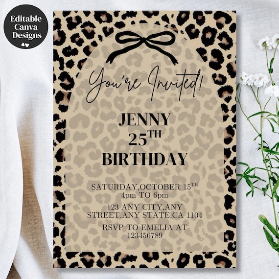 Cheetah Print Birthday Invitation, Black Bow Coquette Party Printable Invite, Ediatable Canva Design, Insatant PDF Download