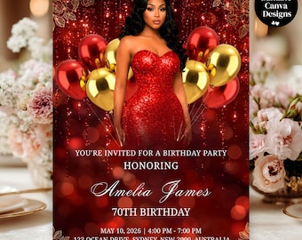 Printable Red & Gold Birthday Invitation, Editable Canva Template for 70th Birthday Dinner, Digital Invite Design, PDF Download for Any Age