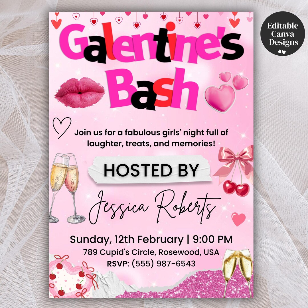 Editable Galentine’s Bash Girls Night Party Invitation, Digital Dinner ...