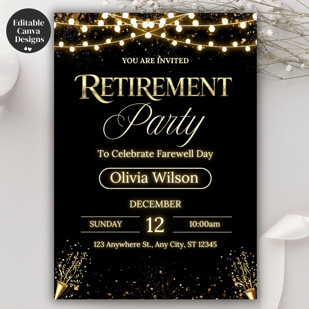 Editable Retirement Party Invitation, Elegant Black & Gold Canva Design ...