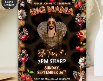 Printable Big Mama Birthday Invitation, Red Black Print Invite, Cherry Leopard Apple Bow Invitation, Canva Design, Instant PDF Download,