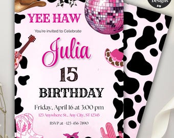 Pink Cowgirl Birthday Invitation, Editable Yee Haw Rodeo Theme, Space Cowgirl Party Template, Printable Digital Invite, Instant Download