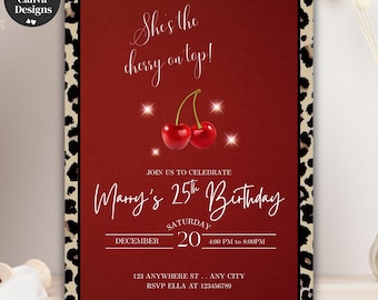 Cheetah Cherry Birthday Invitation, leopard print invite, Editable Birthday Invite, Digital Download, Editable Canva Template, Cherry on top