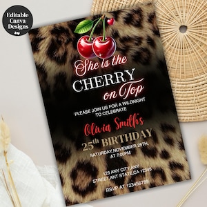 Invitación de cumpleaños con estampado de guepardo, cumpleaños de cereza editable, plantilla de Canva, descarga digital, invitación de cumpleaños de cereza con estampado de guepardo, imprimible
