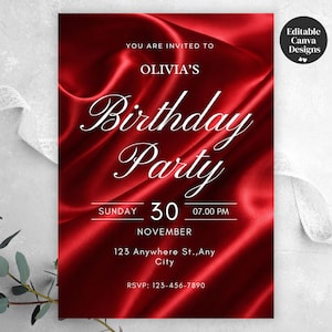 Op de afbeelding: Een rode, satijnachtig gestructureerde verjaardagsuitnodiging met witte letters. De uitnodiging luidt "Olivia's Birthday Party" met datum, tijd en RSVP-informatie. De woorden "You are invited to" en "November" zijn ook zichtbaar.