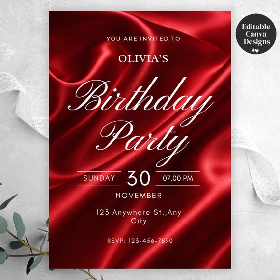 Modern Red & White Birthday Invitation, Evite for Her, Digital Party Invite for Women, Fully Editable Canva Template for Personalization