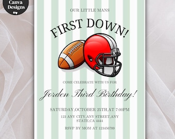 Invitation d'anniversaire de football Third Down, modèle de toile modifiable, 3e anniversaire numérique Evite, conception de célébration de jour de match, téléchargement PDF