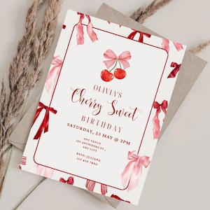 May include: A birthday invitation with a white background, red border, and red and pink bows. The invitation reads "Olivia's Cherry Sweet Birthday" with event details. Two cherries and a pink bow are at the top.