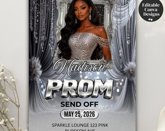 Digital Prom Send Off Invitation Silver Theme, Editable Glam Flyer Template, Printable Prom Queen Party Invite, Graduation Celebration Evite