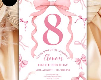 Pink Coquette Ribbon Birthday Invitation, Editable Template, 8th Birthday Party Invite for Girls, Printable Canva Design Download