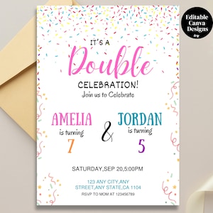 May include: A white invitation with colorful confetti and text that reads "It's a Double Celebration!" The names Amelia and Jordan are featured, with ages 7 and 5. The date and time are also included.