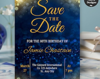 Printable Blue Save the Date Birthday Invitation, Elegant Birthday Dinner Announcement, Editable Canva Template for Instant PDF Download