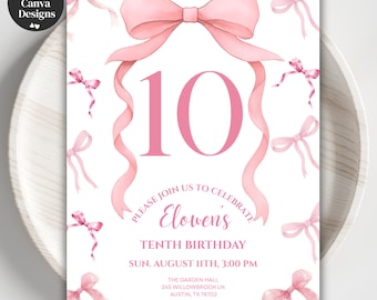 Coquette Pink Bow Birthday Invitation, Editable Template for Girls Party, 10th Birthday Printable Invite, Instant Canva Download