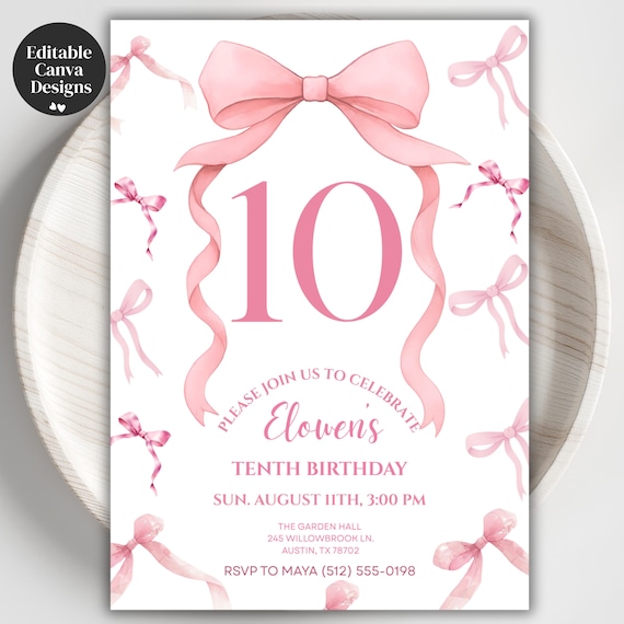 Coquette Pink Bow Birthday Invitation, Editable Template for Girls Party, 10th Birthday Printable Invite, Instant Canva Download