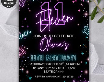 Editable 11th Birthday Invitation for Girls, Neon Glow Party Invite Template, Bright Color Digital Design, Printable Canva Download