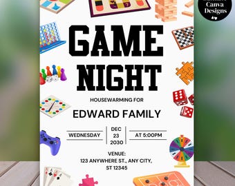 Editable Game Night Theme Invitation, Printable Board Games Family Bonding, Custom Housewarming Party Invite, Canva Template, PDF Download