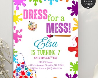 Editable Art Birthday Invitation, Painting Party Template, Dress for a Mess Invite, Creative Art Theme, Printable Canva Birthday Card