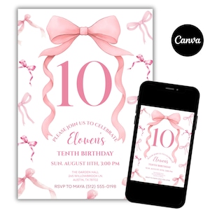 Puede incluir: Una invitaci&oacute;n de cumplea&ntilde;os rosa con un gran n&uacute;mero 10 y un dise&ntilde;o de lazo. La invitaci&oacute;n incluye el texto "&Uacute;nase a nosotros para celebrar el d&eacute;cimo cumplea&ntilde;os de Elowen" y los detalles del evento. Un tel&eacute;fono inteligente muestra la misma invitaci&oacute;n.